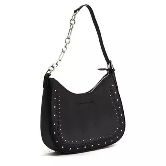 French Connection Elena Moon Shape Shoulder Bag Black Studs Silvertone Zip Close - Picture 1 of 11